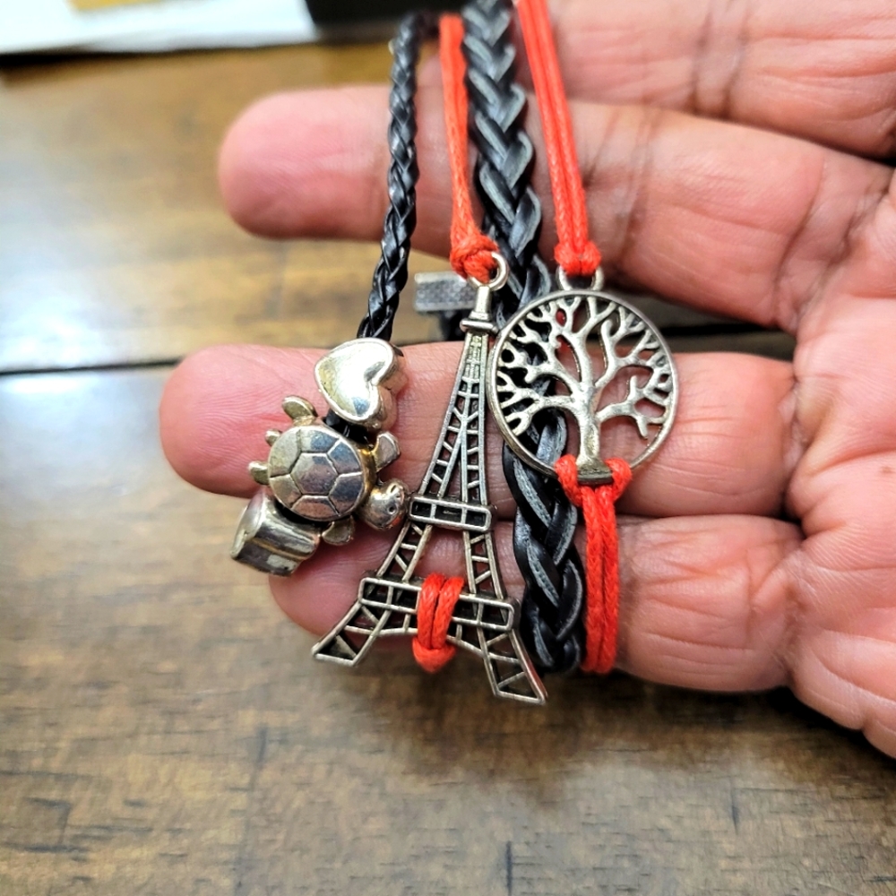 Layered Bracelet with Eiffel Tower, Turtle  Tree of Life 6"+ 2" Extender  Red Bk